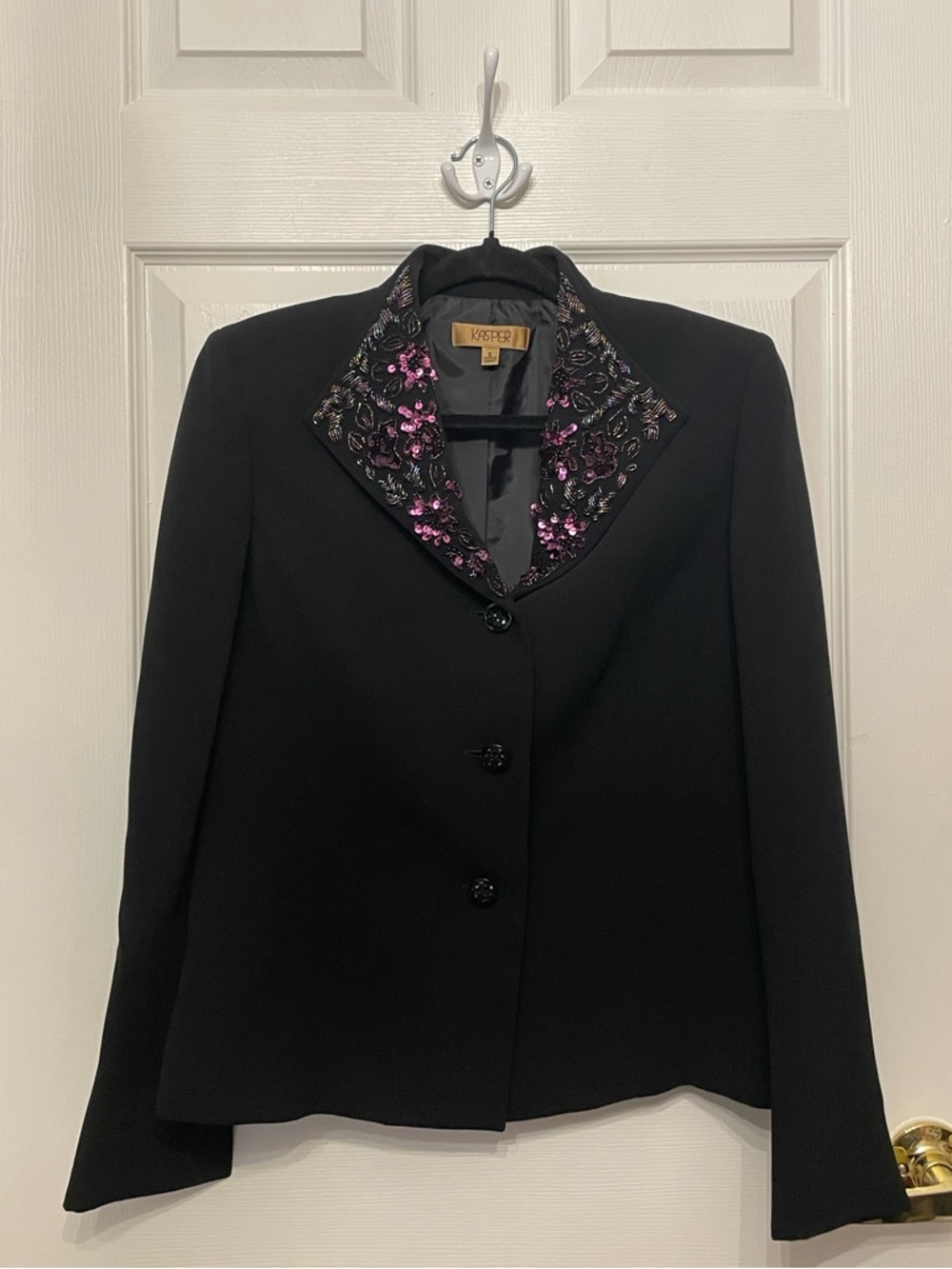 Kasper Black Blazer with Embellished Purple-Accent Collar